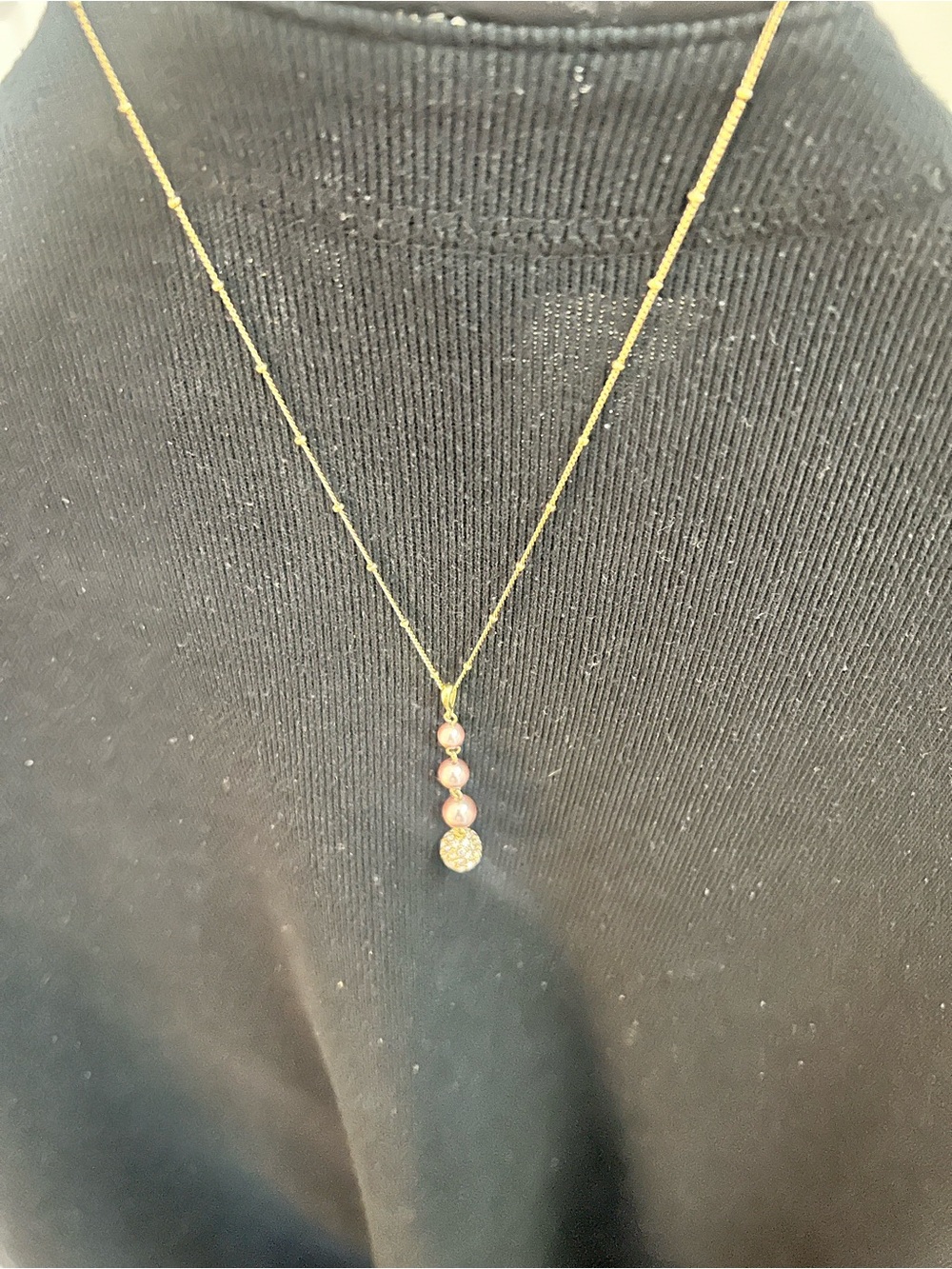 Gold-Tone Chain Necklace with Pink Pearl Drop and Pave’ Sparkly Pendant